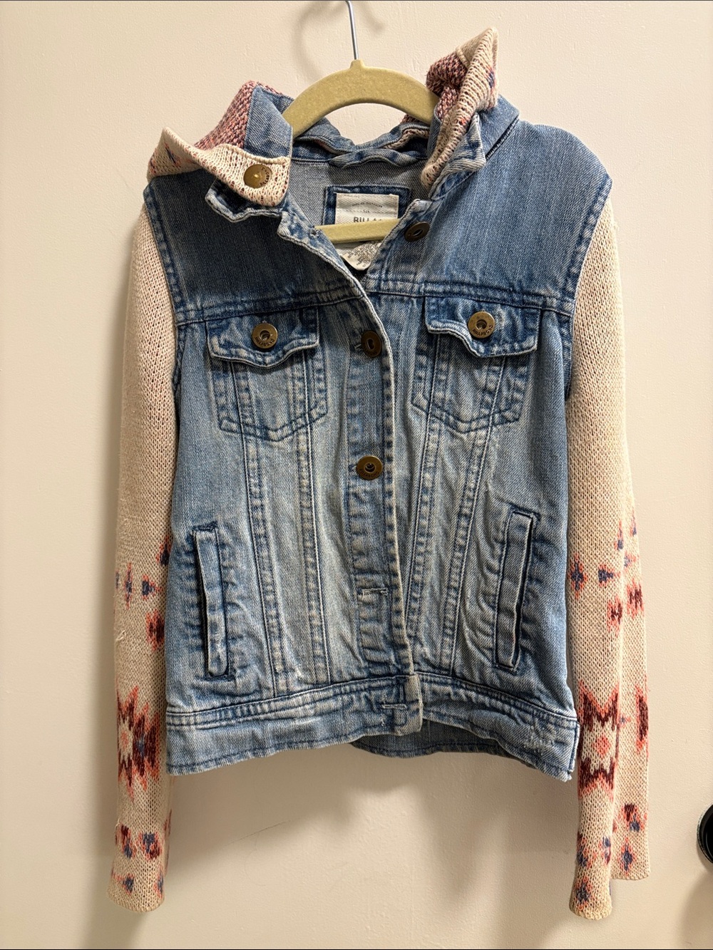 Kids Denim Jacket with Cream Knit Aztec Sleeves